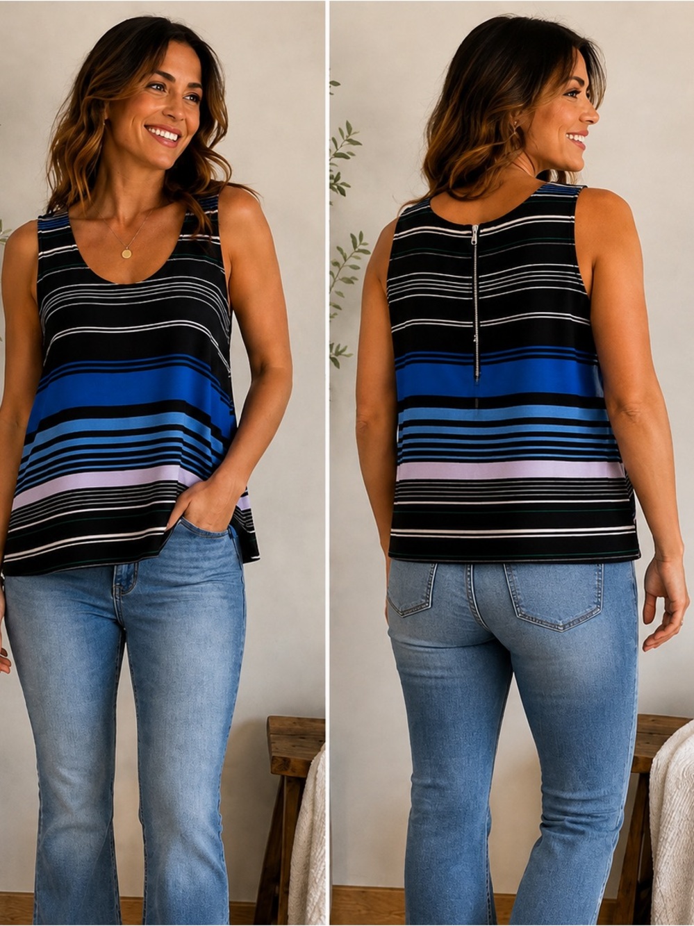 Denver Hayes Striped Sleeveless Tunic Top Size XL – Blue Black